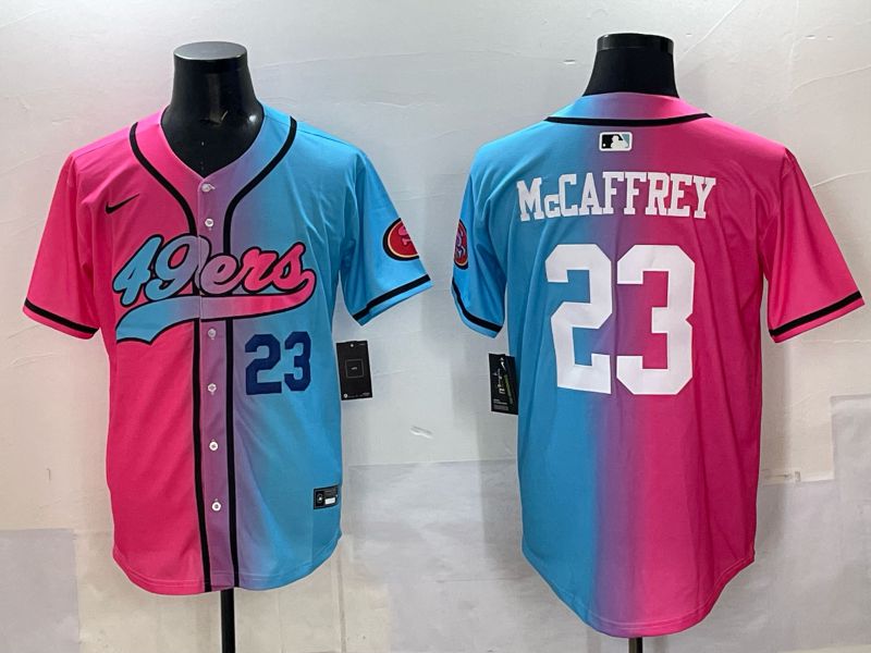Men 2025 San Francisco 49ers 23 Mccaffrey Blue pink Nike Limited NFL Jersey style 02